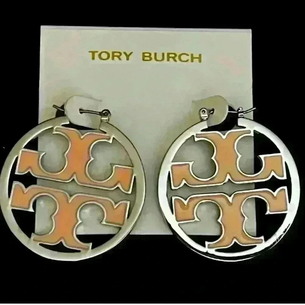 Tory Burch Two-Tone Logo Cutout Hoop Earrings - Peach and Silver